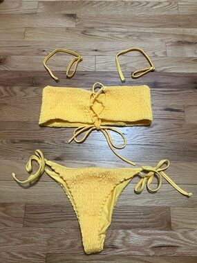 Yellow Smocked Lace-Up Bandeau Bikini Set